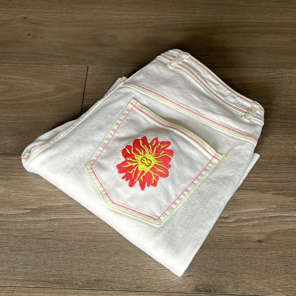 ESCADA gold label white bell denim. Neon embroidered detail. EUC - Picture 8 of 9